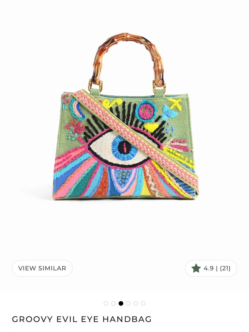 Embroidered Eye Satchel with Bamboo Handle - Green Multicolor - Picture 2 of 6